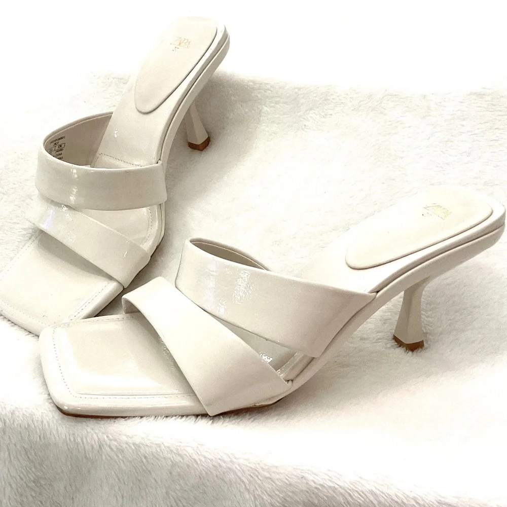 Zara White Open Toe Square Padded Dressy High Heel Sandals Size US7/EU37